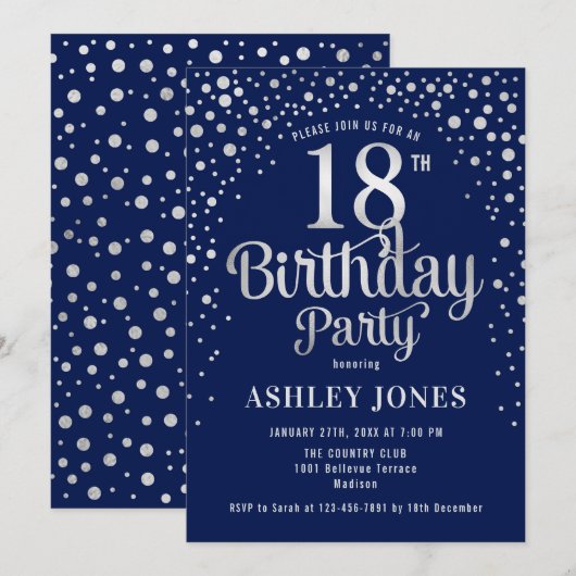 18e verjaardagsfeestje - Marine & Zilver Kaart (Voorkant / Achterkant)