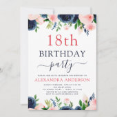 18e verjaardagsfeestje marineblauw blush roze bloe kaart (Voorkant)