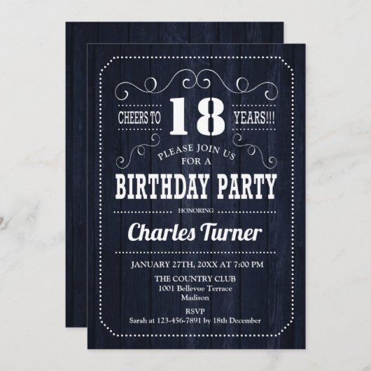 18e verjaardagsfeestje - Navy Wood Pattern Kaart (Voorkant / Achterkant)