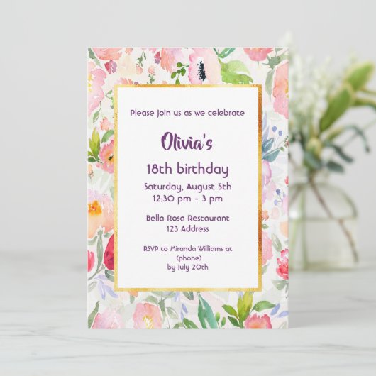 18e verjaardagsfeestje nodigt roze bloemen wit uit kaart (Staand voorkant)