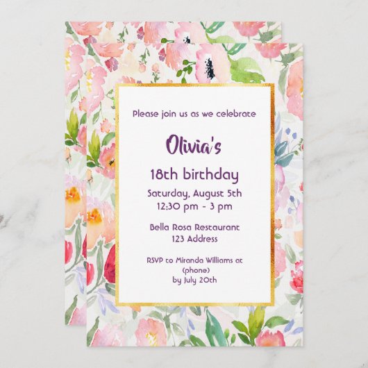 18e verjaardagsfeestje nodigt roze bloemen wit uit kaart (Voorkant / Achterkant)
