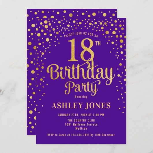 18e verjaardagsfeestje - Paarse & Goud Kaart (Voorkant / Achterkant)
