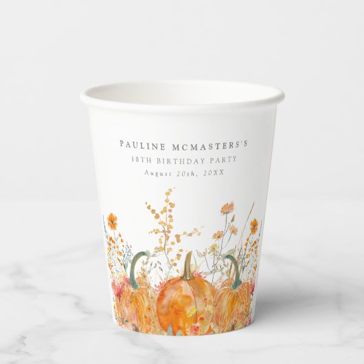 18e verjaardagsfeestje pompoen Wildflower Custom Papieren Bekers (Achterkant)