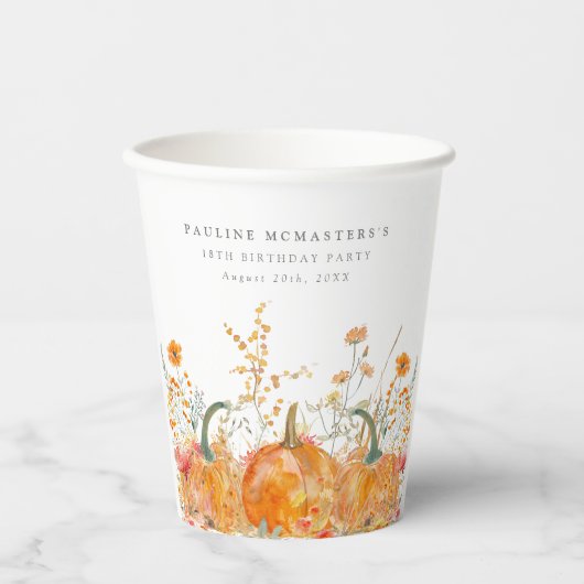 18e verjaardagsfeestje pompoen Wildflower Custom Papieren Bekers (Voorkant)