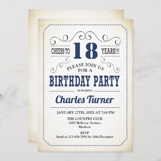 18e verjaardagsfeestje - Retro Creamy White en Nav Kaart (Voorkant / Achterkant)