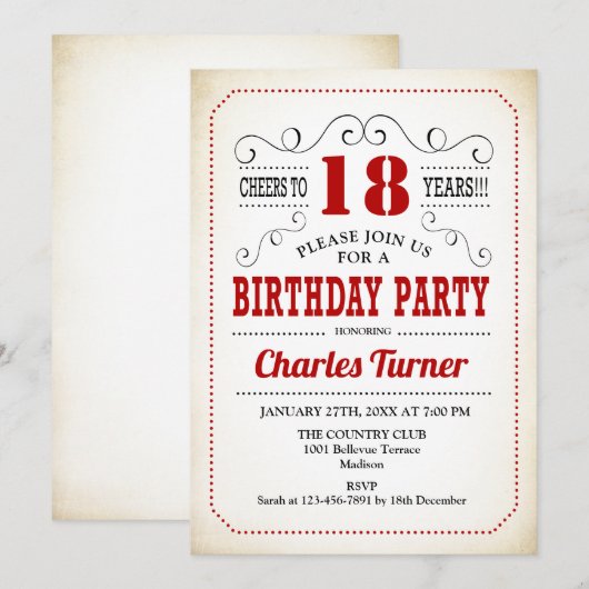 18e verjaardagsfeestje - Retro Creamy Wit en Rood Kaart (Voorkant / Achterkant)