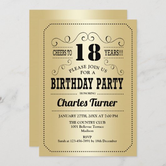 18e verjaardagsfeestje - Retro Gold Black Kaart (Voorkant / Achterkant)