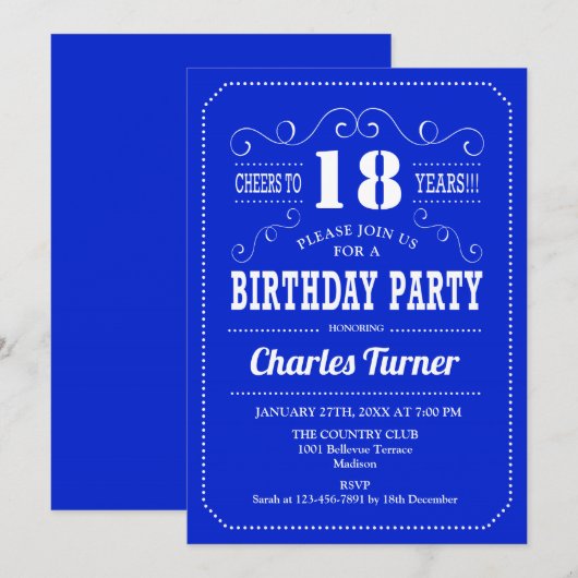 18e verjaardagsfeestje - Royal Blue White Kaart (Voorkant / Achterkant)