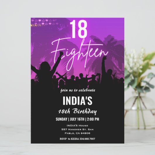 18e verjaardagsfeestje roze neon uitnodiging (Staand voorkant)