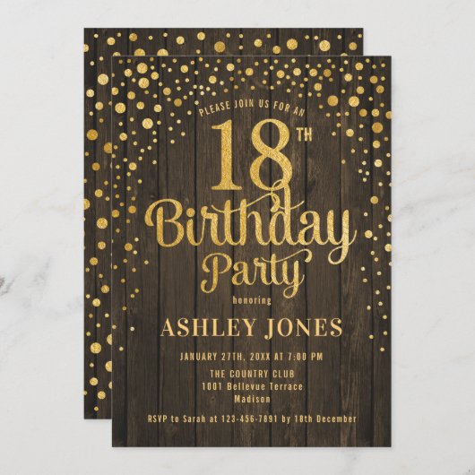 18e verjaardagsfeestje - rustiek hout & goud kaart (Voorkant / Achterkant)