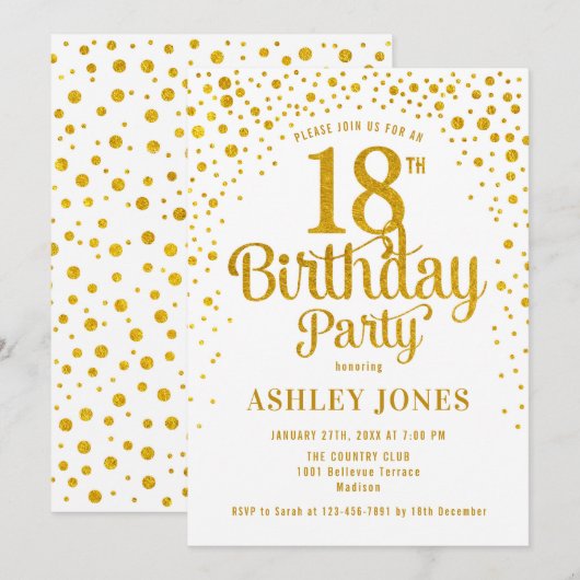 18e verjaardagsfeestje - Wit & Goud Kaart (Voorkant / Achterkant)