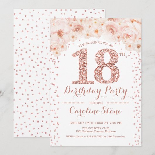 18e verjaardagsfeestje - Wit Rose Gold Kaart (Voorkant / Achterkant)