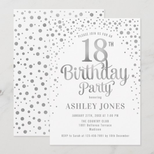 18e verjaardagsfeestje - Wit & Zilver Kaart (Voorkant / Achterkant)