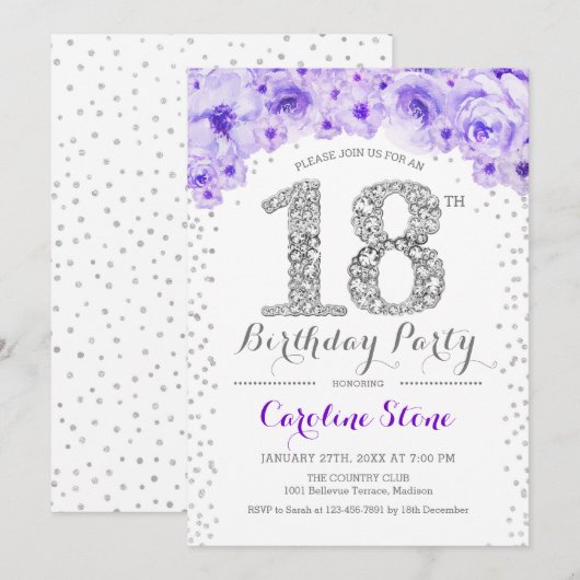 18e Verjaardagsfeestje - Wit Zilver Paars Kaart (Voorkant / Achterkant)