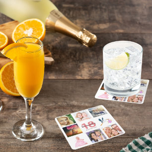 18e verjaardagsfeestje, witte naam foto collage kartonnen onderzetters