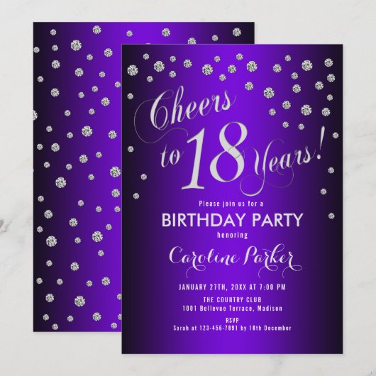 18e verjaardagsfeestje - Zilver Paarse Kaart (Voorkant / Achterkant)