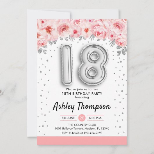 18e verjaardagsfeestje - zilveren ballonnen kaart (Voorkant)