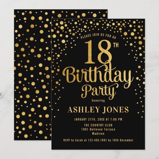 18e verjaardagsfeestje - Zwart & Goud Kaart (Voorkant / Achterkant)