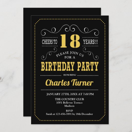 18e verjaardagsfeestje - zwart goud wit kaart (Voorkant / Achterkant)