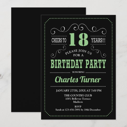18e verjaardagsfeestje - Zwart Groen Kaart (Voorkant / Achterkant)