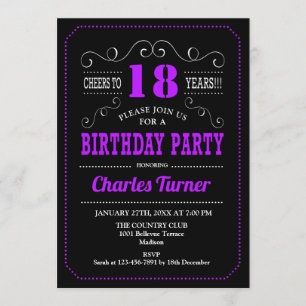 18e verjaardagsfeestje - zwart Paarse Kaart
