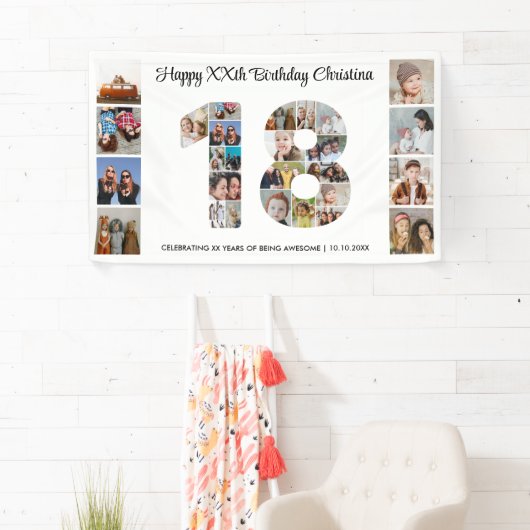 18e verjaardagsfeestnummer 18 fotocollage spandoek (Insitu)