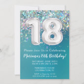 18e verjaardagsuitnodiging Blauwgroen zilveren gli Kaart (Voorkant)
