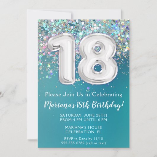 18e verjaardagsuitnodiging Blauwgroen zilveren gli Kaart (Voorkant)