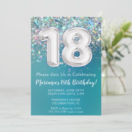 18e verjaardagsuitnodiging Blauwgroen zilveren gli Kaart (Staand voorkant)