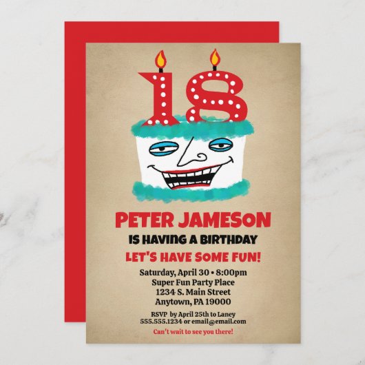 18e Verjaardagsuitnodiging Grappige taart Casual M Kaart (Voorkant / Achterkant)