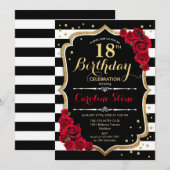 18e Verjaardagsuitnodiging Zwart Wit Strepen Rozen Kaart (Voorkant / Achterkant)