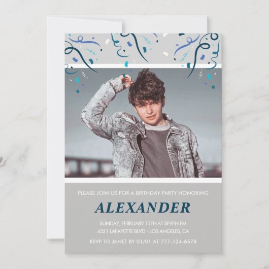 18e verjaardagsuitnodigingen Mannen Confetti Photo Kaart (Voorkant)