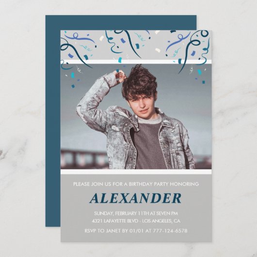 18e verjaardagsuitnodigingen Mannen Confetti Photo Kaart (Voorkant / Achterkant)
