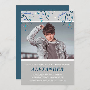 18e verjaardagsuitnodigingen Mannen Confetti Photo Kaart