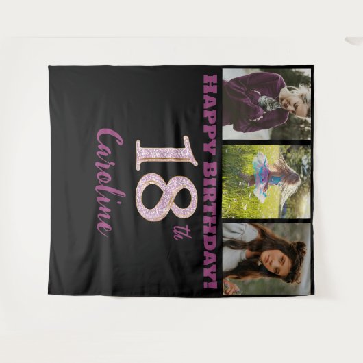 18e verluikfeest, roze gouden glitter & 3 foto's wandkleed (Voorkant (horizontaal))