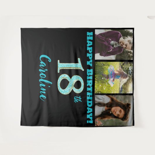 18e verpartij, turkooisblauwe glitter & 3 foto's wandkleed (Voorkant (horizontaal))