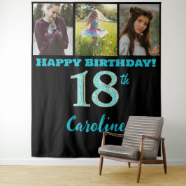 18e verpartij, turkooisblauwe glitter & 3 foto's wandkleed