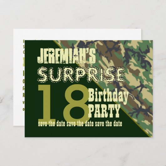 18e Verrassing Verjaardag Save the Date CAMO V02O Aankondigingskaart (Voorkant / Achterkant)