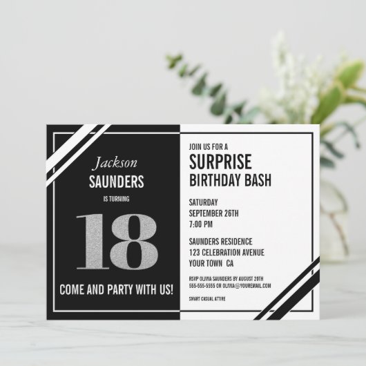 18e verrassingsdag Bash Modern Black en White Kaart (Staand voorkant)