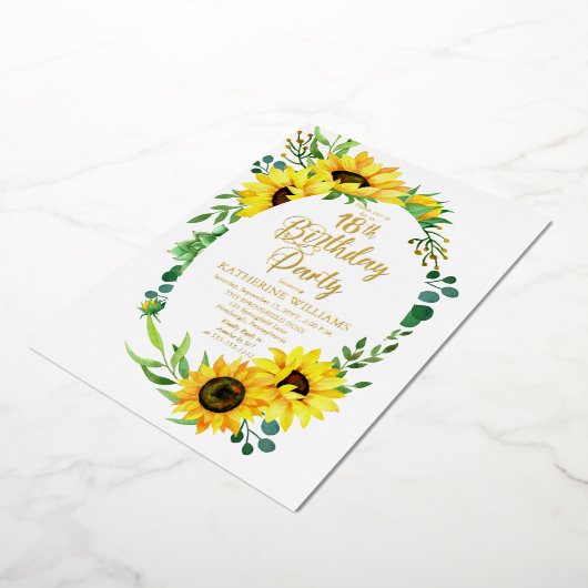 18e Zonnebloem bij de geboorte | Eucalyptus Floral Folie Uitnodiging (Gedraaid)