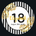 18th birthday black, gold roses white stripes ronde sticker<br><div class="desc">A sticker for a 18th birthday party. Classic slim black and white vertical stripes as background. With girly and feminine vals gold roses as decoration. A frame with template for age, name and date. Age 18 number in black and date in black. The name is written with a hand-lettered style...</div>