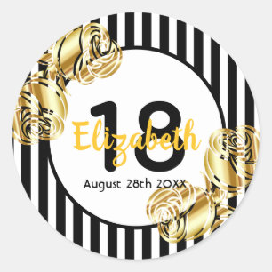 18th birthday black, gold roses white stripes ronde sticker