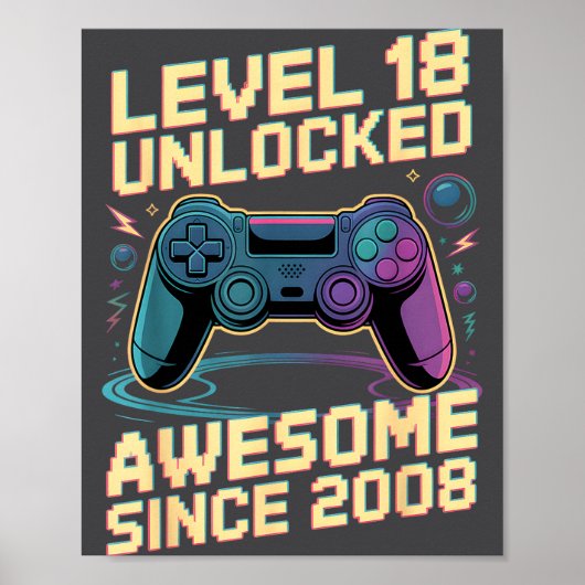 18th Birthday Boy Gift Level 18 Gamer 2008 18 Year Poster (Voorkant)