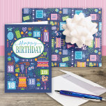 18th Birthday Cake Cadeaus Ballonnen Blauw Inpakpapier Vel<br><div class="desc">18e verjaardag heldere pastelroze,  blauw,  groen,  paarse en oranje feesttaart,  cadeaus en ballonnen. Elk cadeau heeft het nummer 18 om het verjaardagsmeisje een speciaal gevoel te geven. Vlinders,  bloemen,  xo's en harten worden in het patroon toegevoegd.  girly inpakpapier voor een 18e verjaardagsviering.</div>