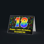 18th Birthday: Colorful Music Symbols & Rainbow 18 Kaart<br><div class="desc">This fun, exciting, and colorful birthday greeting card design features a large number "18" with a rainbow spectrum gradient inspired pattern, along with the message "Happy 18th Birthday, ", and a customizable recipient name. The front also has a colorful music notes and symbols pattern. The inside features a customized birthday...</div>