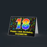 18th Birthday: Colorful Music Symbols & Rainbow 18 Kaart<br><div class="desc">This fun, exciting, and colorful birthday greeting card design features a large number "18" with a rainbow spectrum gradient inspired pattern, along with the message "Happy 18th Birthday, ", and a customizable recipient name. The front also has a colorful music notes and symbols pattern. The inside features a customized birthday...</div>