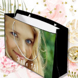 18th birthday custom foto hello 18 eighteen groot cadeauzakje<br><div class="desc">Template for Your foto. White text overlay: Hello 18! A gift bag for a 18th birthday party. Elegant black background color.</div>