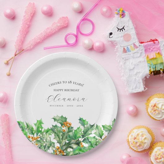 18th Birthday December Birth Flower Holly Custom Papieren Bordje (Feest)
