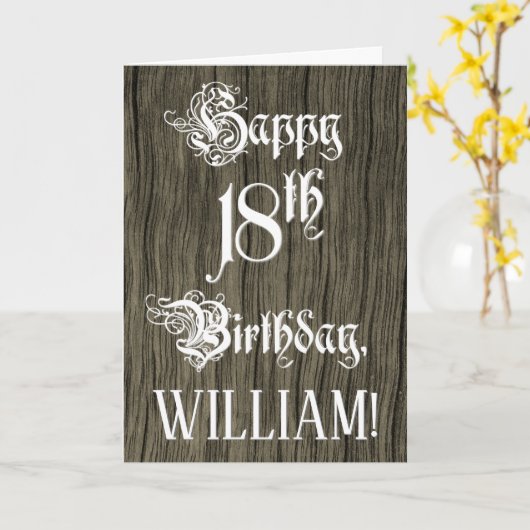 18th Birthday: Fancy, Elegant Text; Faux Wood Look Kaart (Gele Bloem)