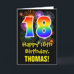 18th Birthday: Fun Fireworks Pattern   Rainbow 18 Kaart<br><div class="desc">The front of this fun, exciting, and colorful birthday-themed greeting card design features a large number "18" with a rainbow spectrum gradient inspired pattern, along with the message "Happy 18th Birthday, ", and a personalized recipient name. The front additionally has a colorful background pattern inspired by the look of bursting...</div>